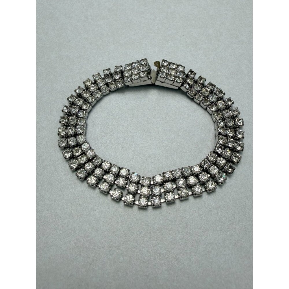 Vintage Tennis Style Rhinestone Three Row Bracelet Sz 7.1/4 Costume Jewelry